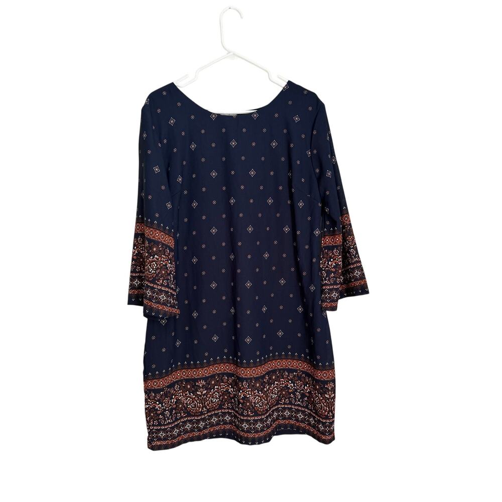 Pinky Navy Blue Boho Paisley Shift Dress 3/4 Bell Sleeves and Border Print XL